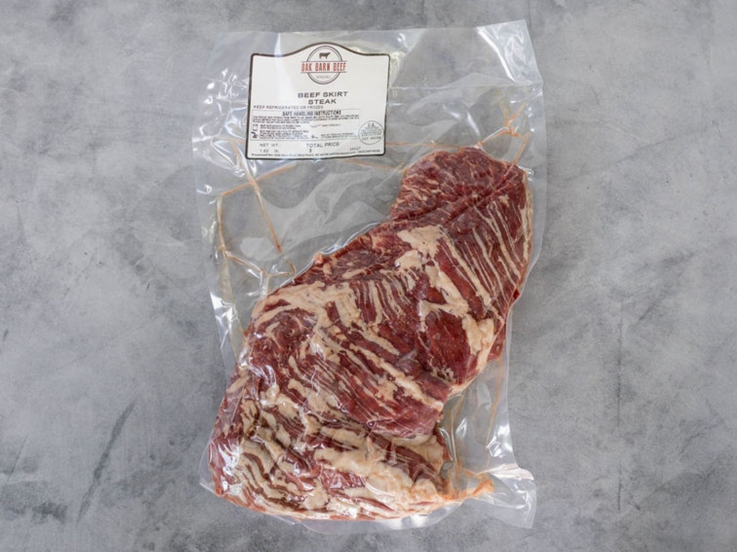 Oak Barn Beef skirt steak raw, oakbarnbeef.com