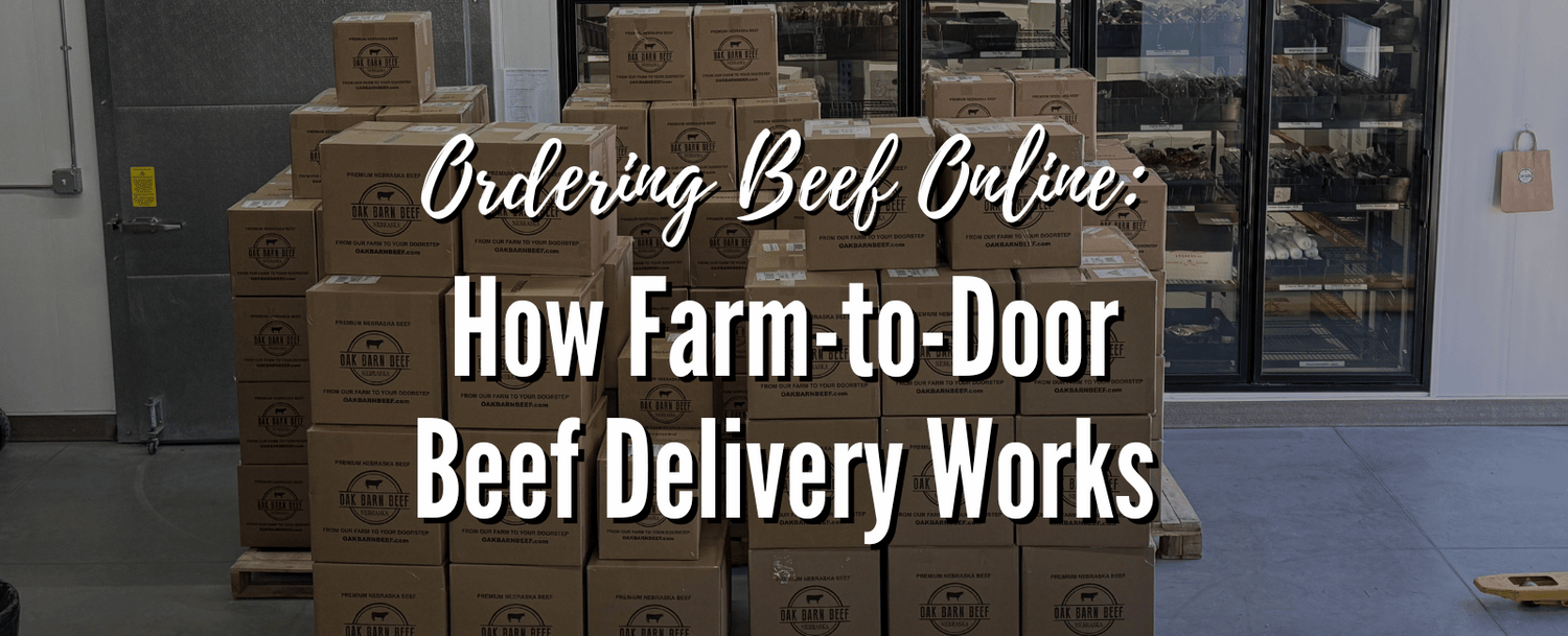 Stacks of Oak Barn Beef shipping boxes in a cold storage room with text overlay: Ordering Beef Online – How Farm-to-Door Beef Delivery Works.