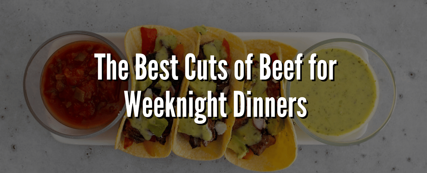 Beef tacos with salsa and green sauce served on a tray, overlaid with the text: The Best Cuts of Beef for Weeknight Dinners.