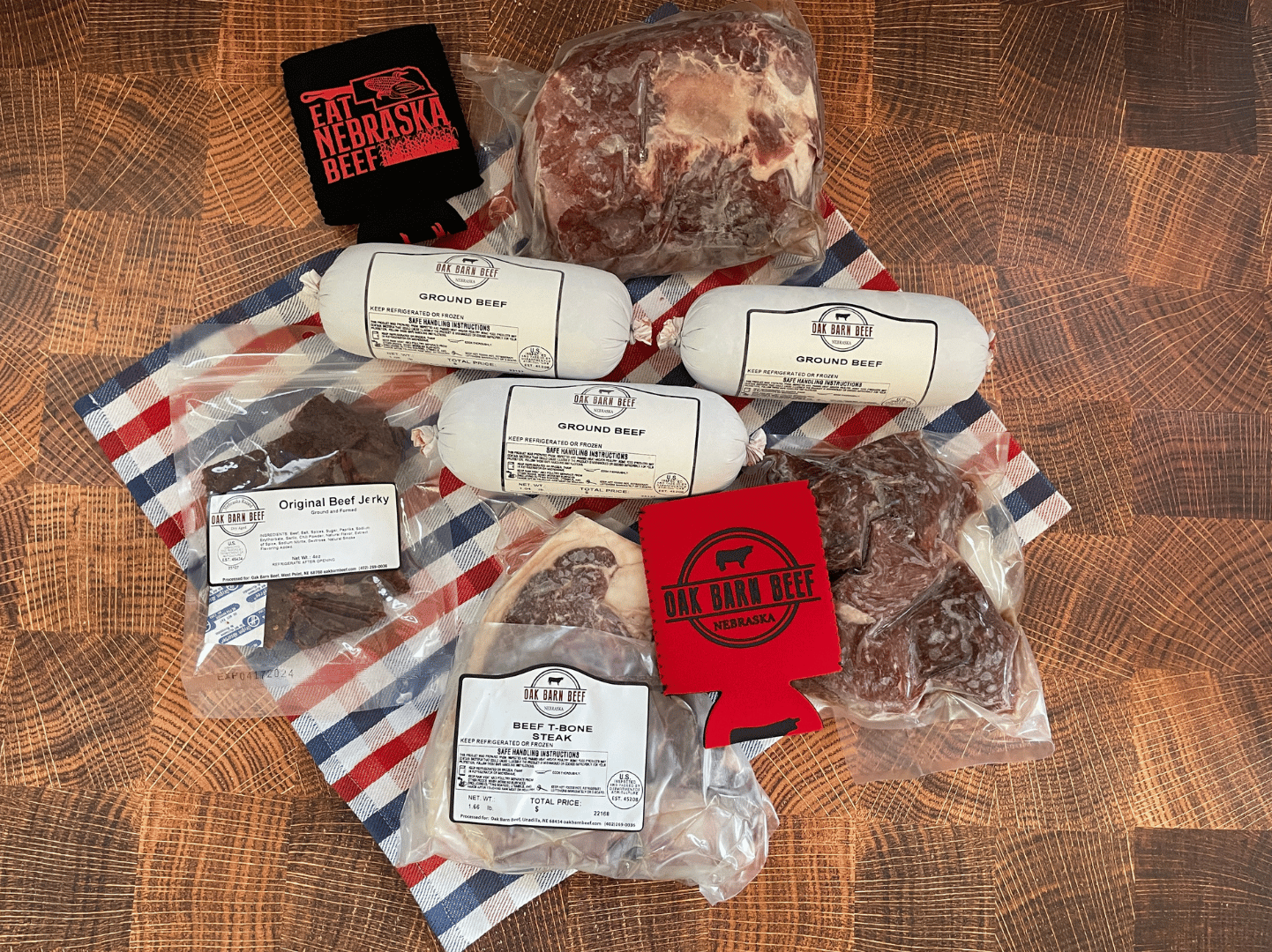 Nebraska beef subscription box layout - the meat is laid out on a red white and blue napkin