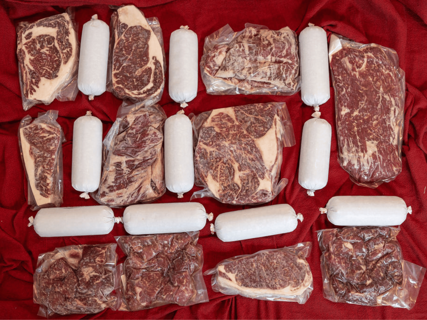 Frozen beef on red tablecloth