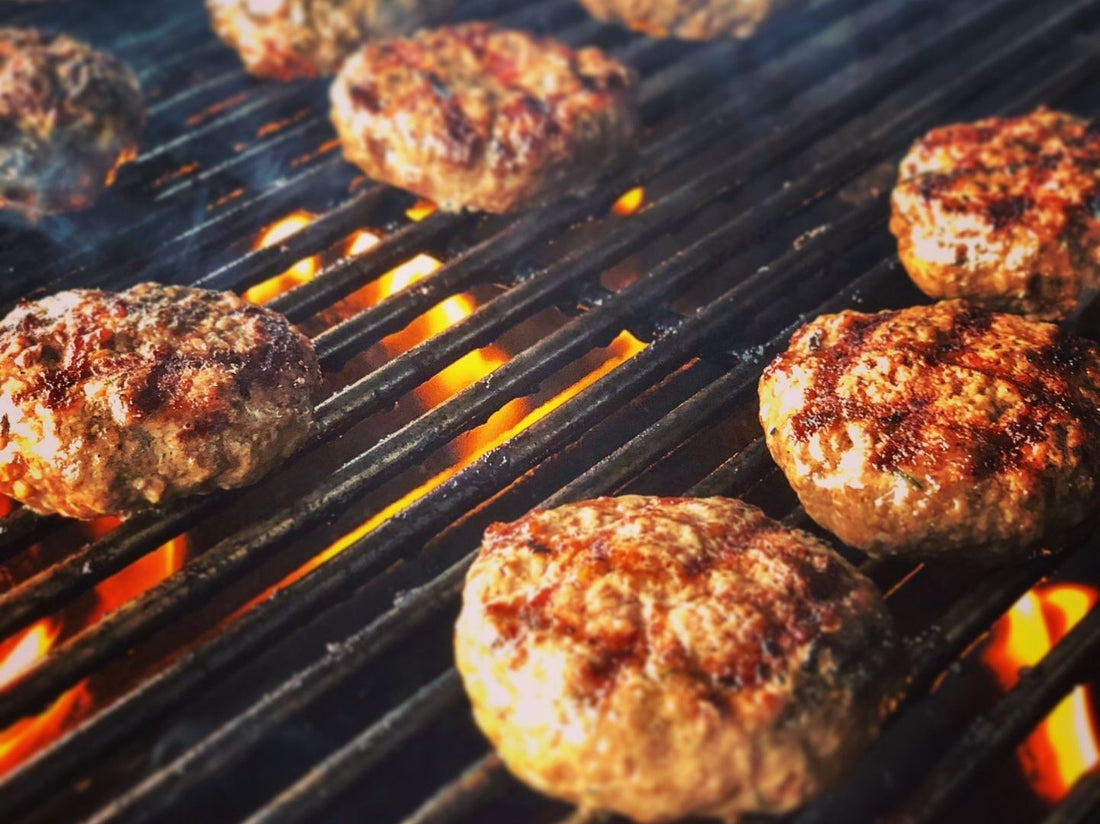 Oak Barn Beef burgers on the grill, dry aged, oakbarnbeef.com