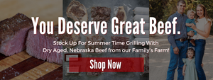 The words you deserve great beef overlaying three phots. Filet mIgnon, beef bundle package, and a family picture.