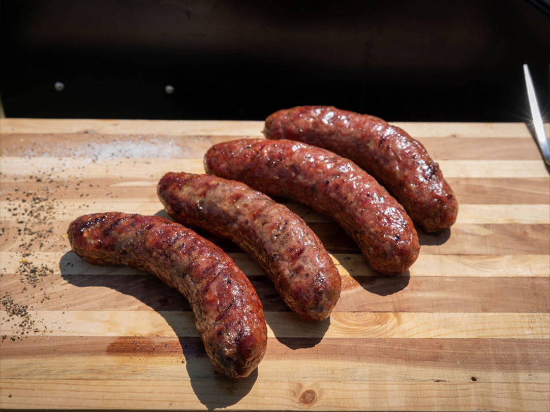 Oak Barn Beef, Beef Brats cooked, oakbarnbeef.com