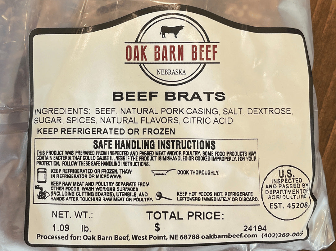 Oak Barn Beef, Beef Brats ingredents, oakbarnbeef.com